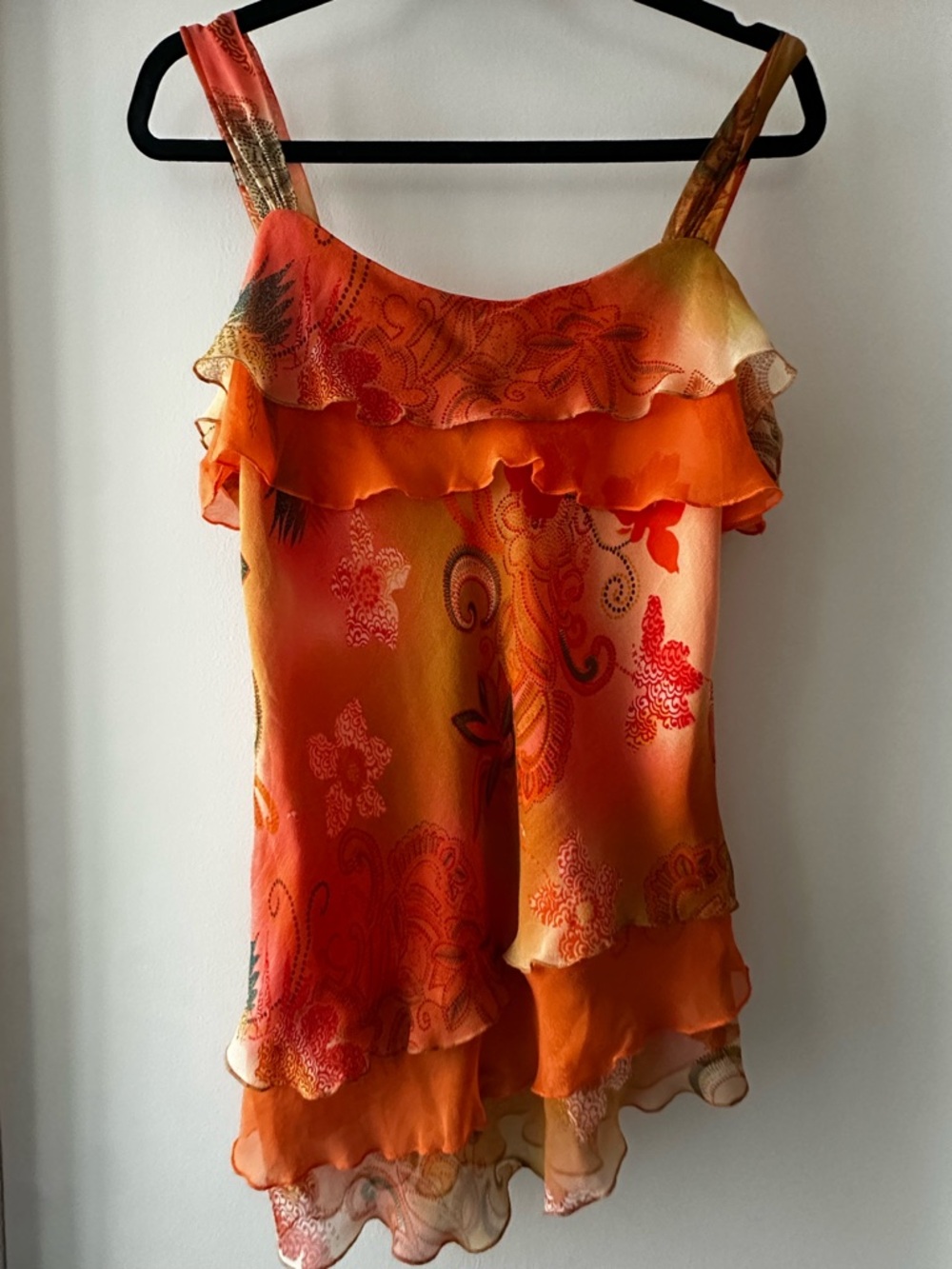 100% Silk Asymmetrical Ruffle-Trim Paisley Camisole